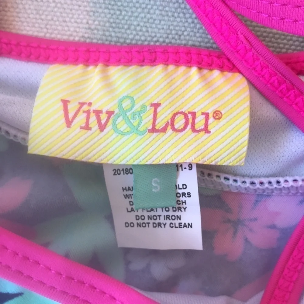 Viv & Lou Floral Ruffle Bikini Swimsuit Pom Pom Trim Small